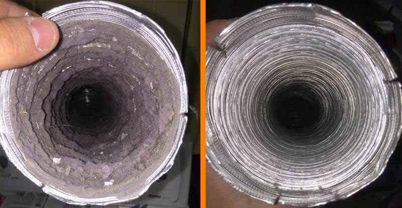 Illustrates the importance of dryer vent cleaning by showing a "before